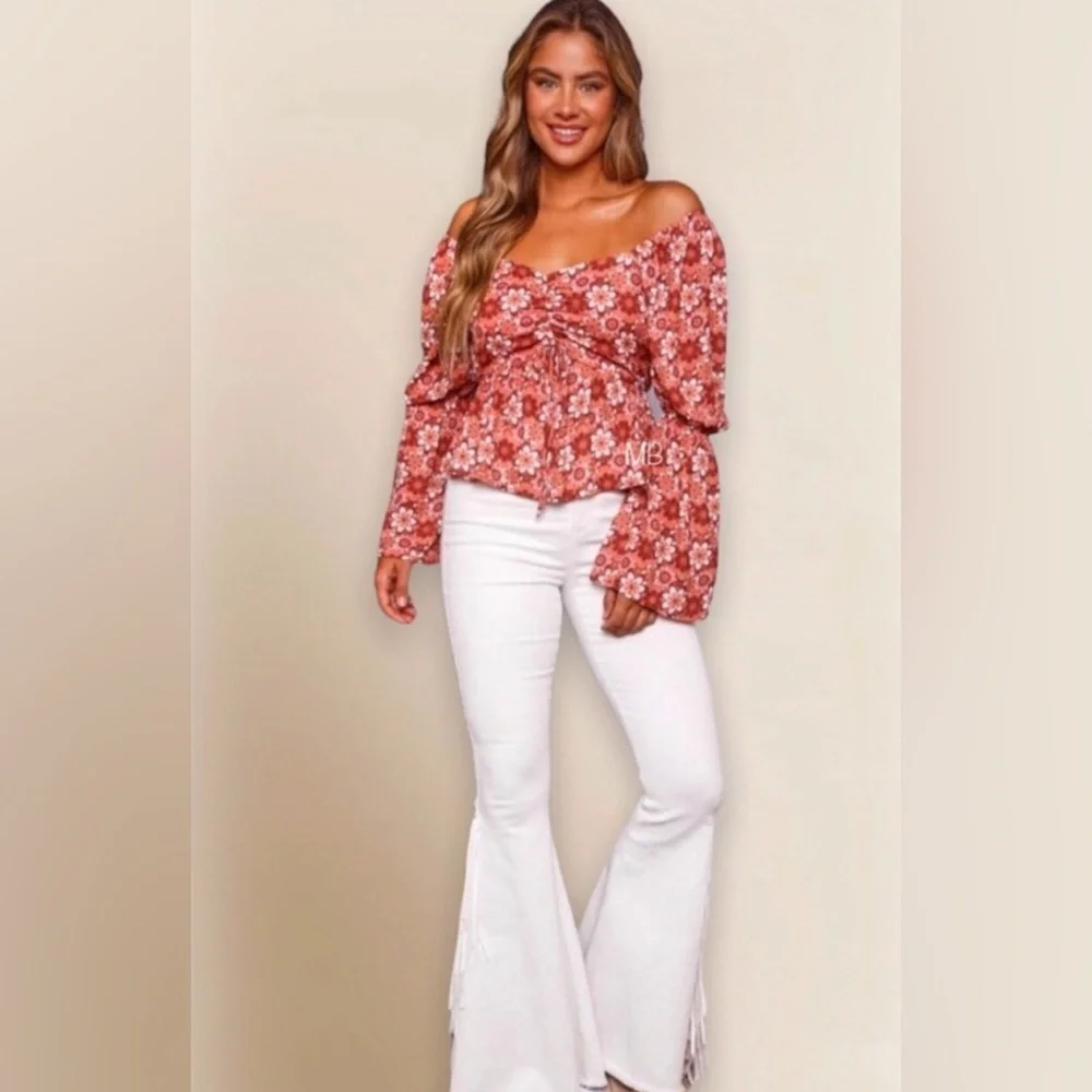 Red Floral Corset Peplum Blouse